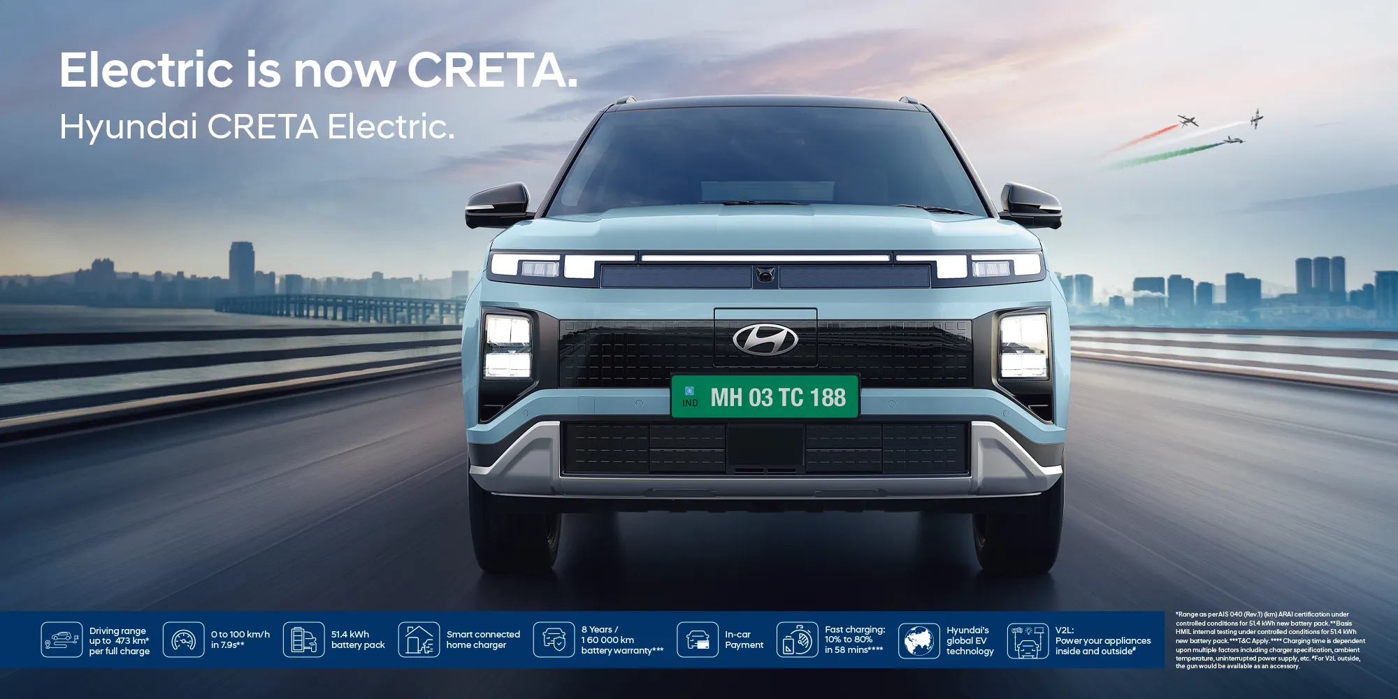 With a DC fast charger, one can recharge the Hyundai Creta EV battery from 10% to 80% in just 58 minutes. In case of home charging, recharging the battery from 10% to full with an 11 kW AC charger can take about 4 hours.